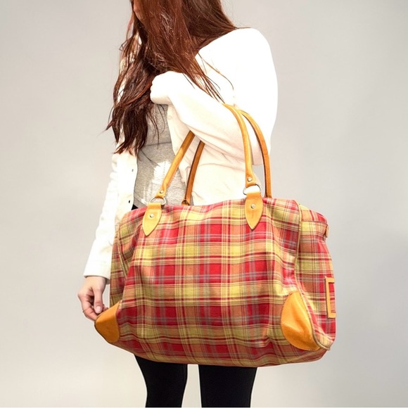 Vintage GAP RARE Large Red Plaid and Leather Weekender Tote Bag
